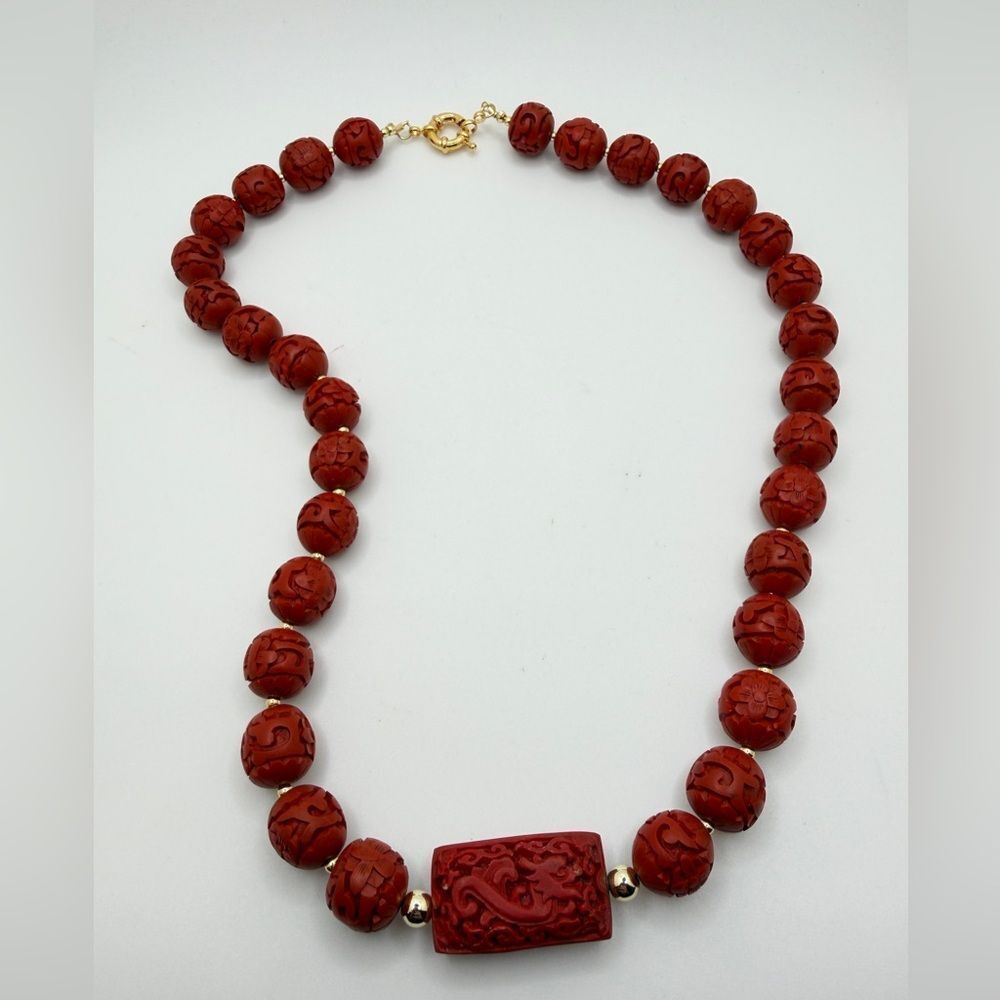 21" of AMAZING 14mm carved cinnabar beaded necklace in gold tone metal‎ accents!